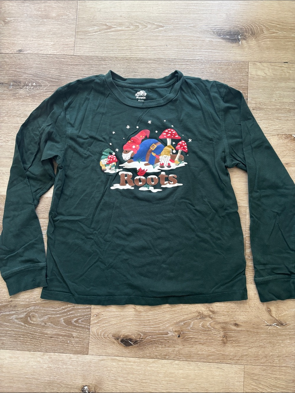 Roots Dark Green Long Sleeve Tee with Colorful Gnome Graphic